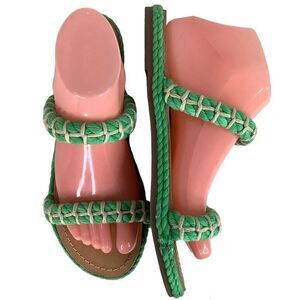 Manebi Espadrilles Slip On GreenTextile Tan Leather Flat Women’s Sandals Sz 8